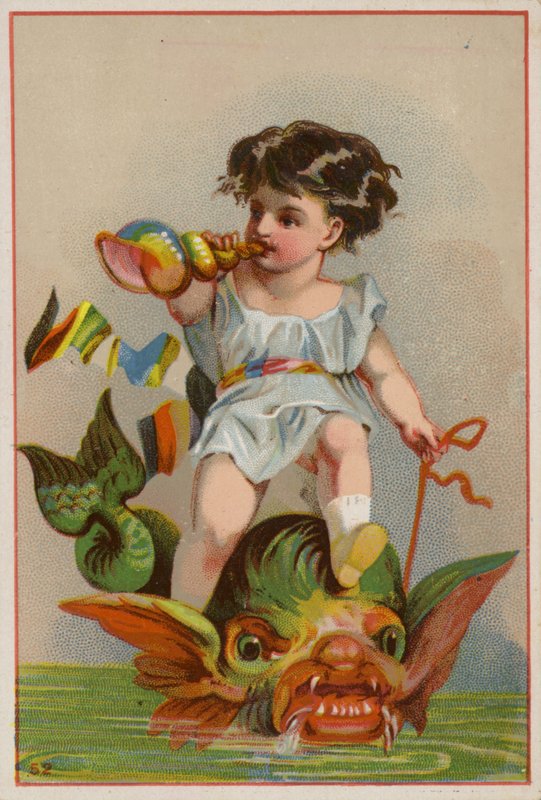 Cherub auf dem Rücken eines Fisches reitend von American School