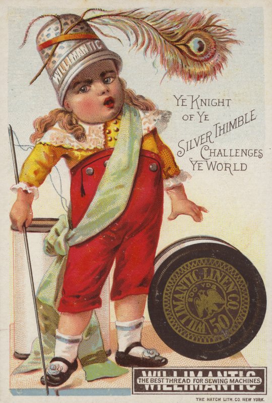 Mädchen mit Fingerhut auf dem Kopf von American School