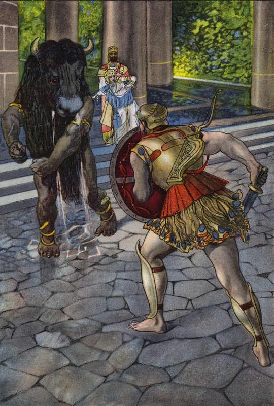 Herakles konfrontiert den Minotaurus von Artus Scheiner