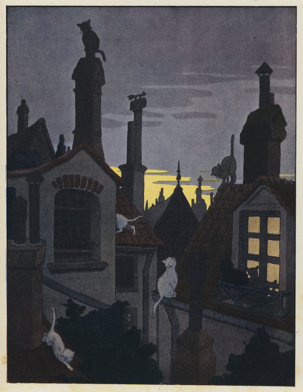 Katzen auf Dächern bei Nacht von Benjamin Rabier
