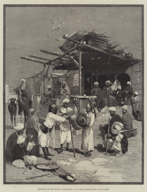 Musiker des Sudan, die in einem arabischen Kaffeehaus in Alt-Kairo auftreten von Charles Auguste Loye