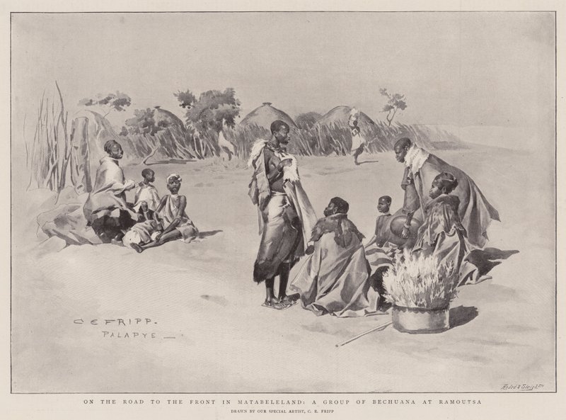 Auf dem Weg zur Front in Matabeleland, eine Gruppe von Bechuana in Ramoutsa von Charles Edmund Brock