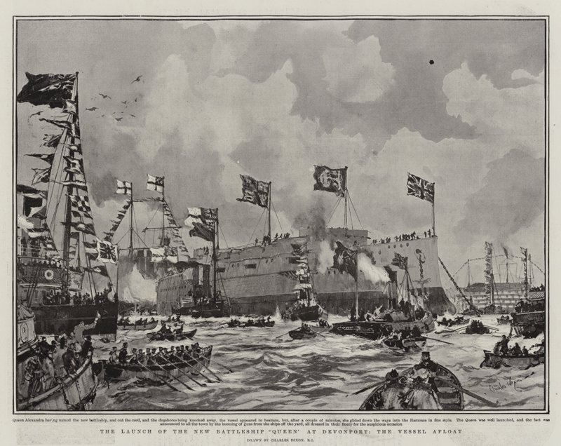 Der Stapellauf des neuen Schlachtschiffs Queen in Devonport, das Schiff schwimmt von Charles Edward Dixon