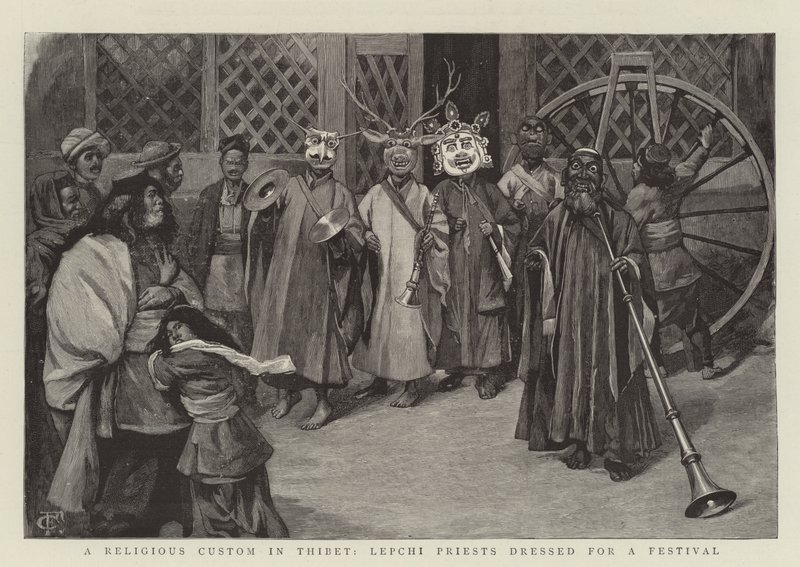 Ein religiöser Brauch in Tibet, Lepchi-Priester in Festtagskleidung von Charles Edwin Fripp
