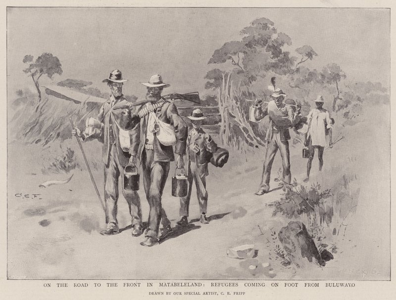 Auf dem Weg zur Front in Matabeleland, Flüchtlinge zu Fuß aus Buluwayo von Charles Edwin Fripp