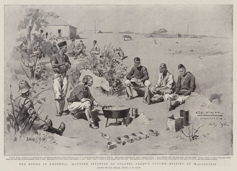 Der Aufstand in Rhodesien, berittene Infanterie der Kolonne von Colonel Paget beim Essen in Macloutsie von Charles Edwin Fripp