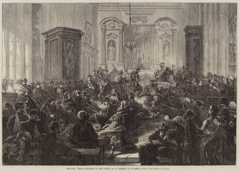Der Krieg, französische Gefangene in der Kirche von St. Onesime in Donchery nach der Schlacht von Sedan von Charles J. Staniland