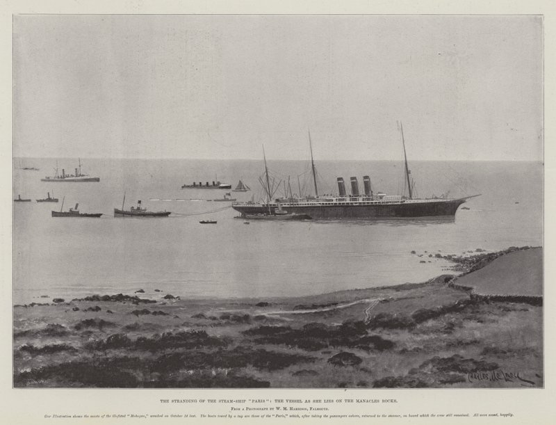 Die Strandung des Dampfschiffs Paris, das Schiff, wie es auf den Manacles Rocks liegt von Charles John de Lacy