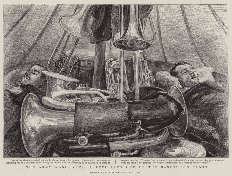 Die Armeemanöver, ein Blick in eines der Zelt der Musiker von Charles Paul Renouard