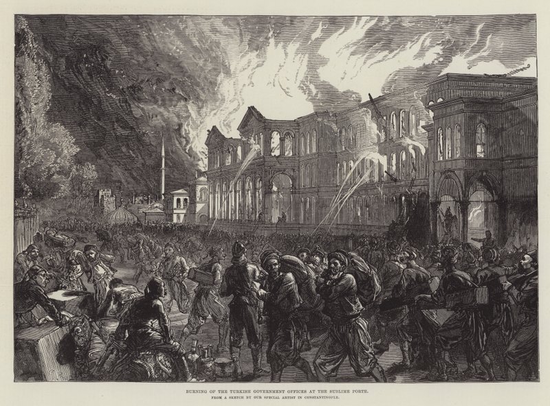 Brand der türkischen Regierungsbüros am Hohen Tor von Sir John Charles Robinson