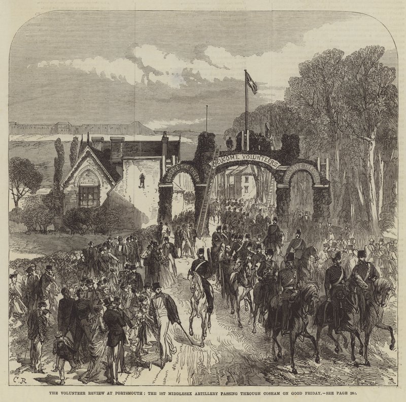 Die Freiwilligenüberprüfung in Portsmouth, die 1. Middlesex Artillerie durchquert Cosham am Karfreitag von Sir John Charles Robinson
