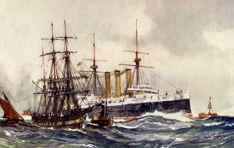 HMS Kent passiert das South Sand Feuerschiff von Charles Edward Dixon