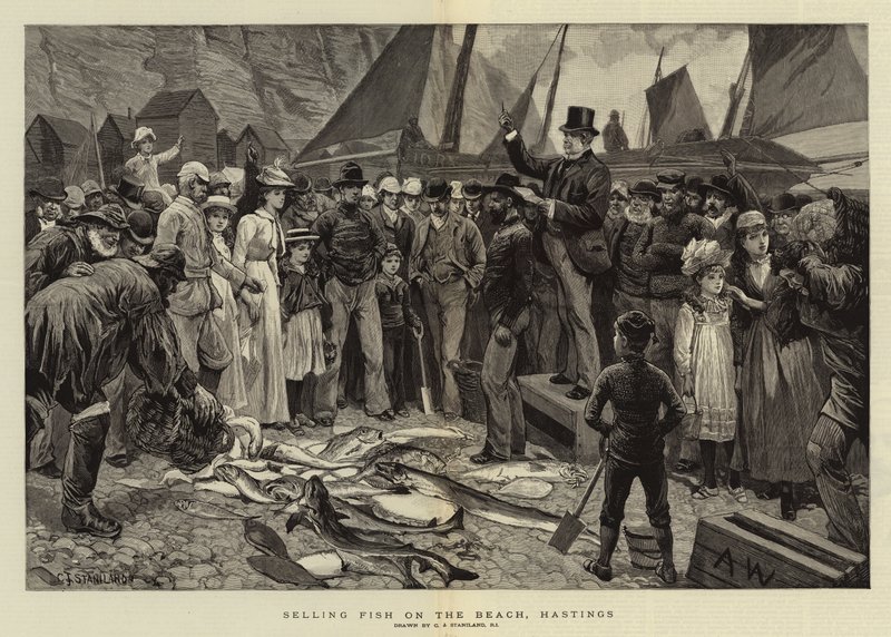 Fischverkauf am Strand, Hastings von Charles J. Staniland