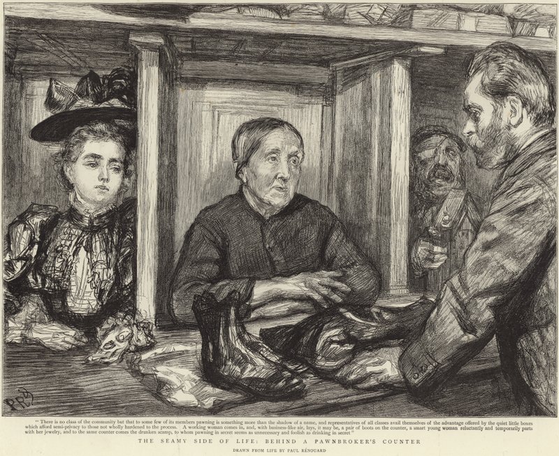 Hinter dem Tresen eines Pfandleihers von Charles Paul (after) Renouard