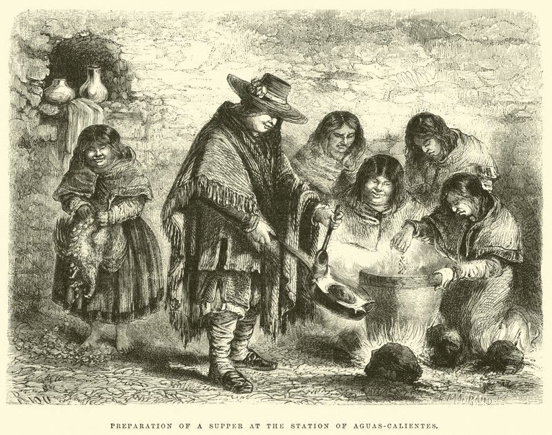 Vorbereitung eines Abendessens an der Station von Aguas-Calientes von Edouard Riou