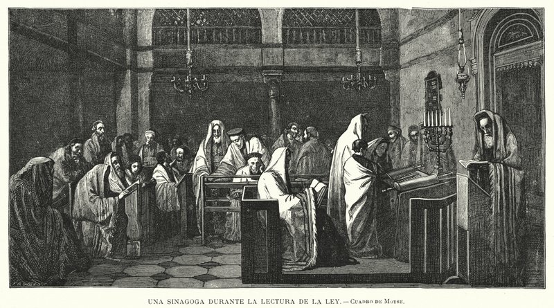 Synagoge während einer Torah-Lesung von Edouard Moyse