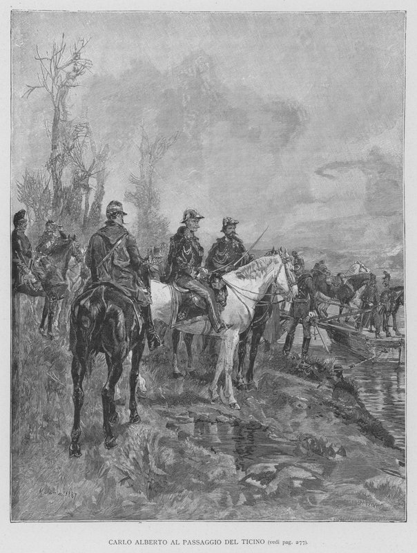 Carlo Alberto beim Überqueren des Ticino (Gravur) von Edouardo Matania