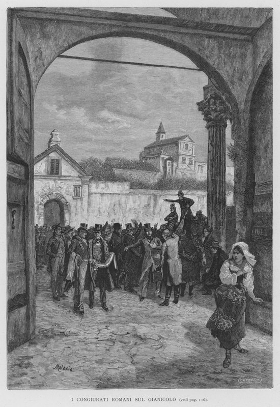 Die römischen Verschwörer auf dem Gianicolo (Gravur) von Edouardo Matania