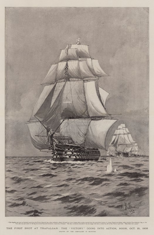 Der erste Schuss bei Trafalgar, die Victory geht in Aktion, Mittag, 21. Oktober 1805 von Eduardo de Martino