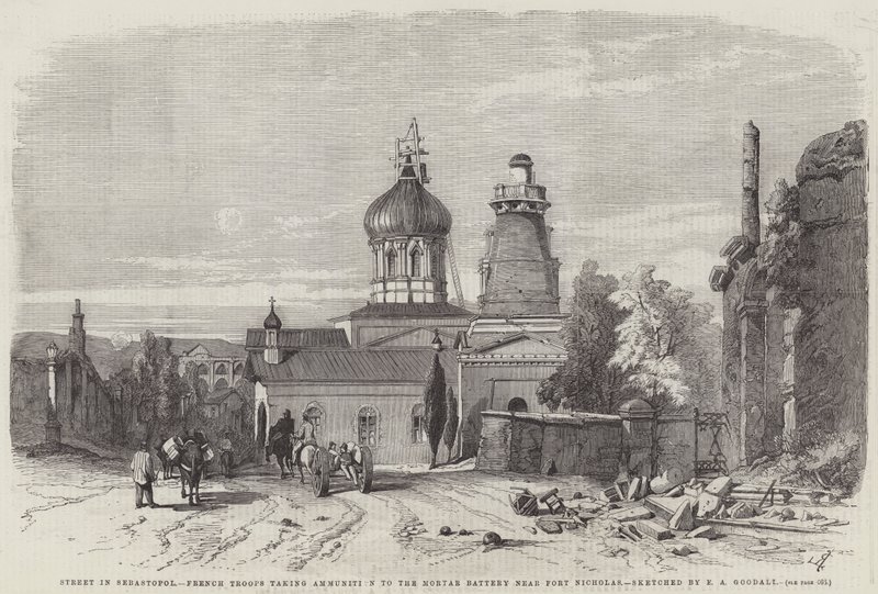 Straße in Sebastopol, französische Truppen bringen Munition zur Mörserbatterie in der Nähe von Fort Nicholas von Edward Angelo Goodall