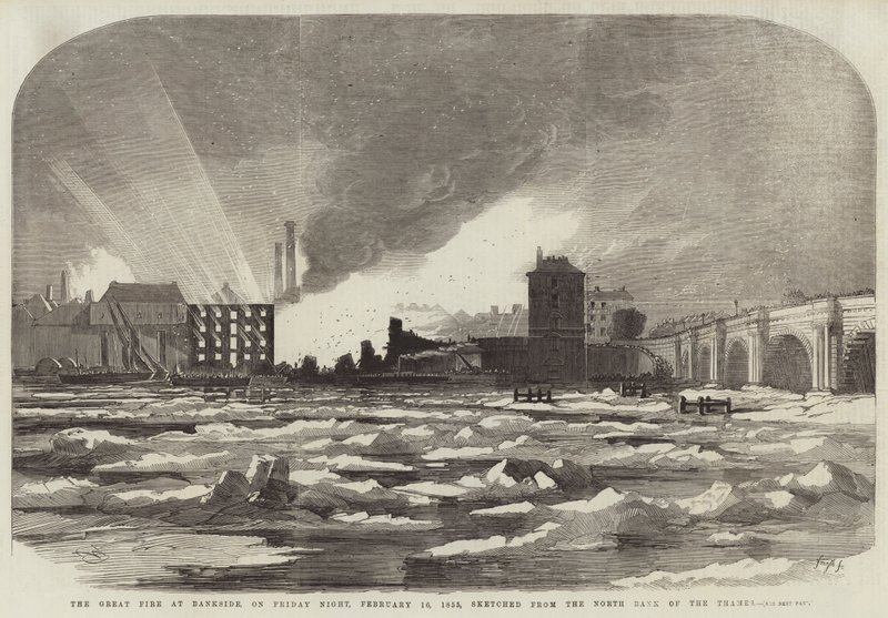 Das große Feuer am Bankside, am Freitagabend, 16. Februar 1855, skizziert vom Nordufer der Themse von Edwin Weedon
