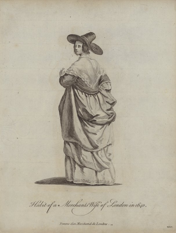Kleidung einer Kaufmannsfrau aus London im Jahr 1640 von English School