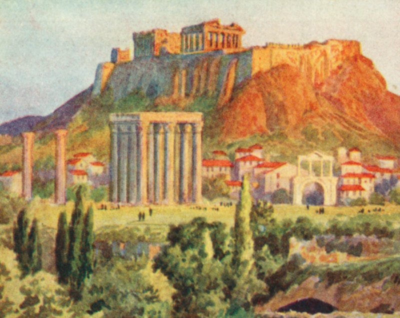 Athen, die Akropolis (Farblithographie) von English School