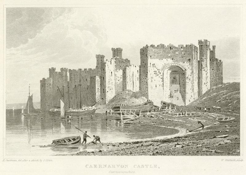 Caernarvon Schloss, Caernarvonshire (Stich) von English School