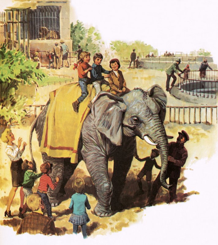 Kinder reiten auf Jumbo im Londoner Zoo von English School