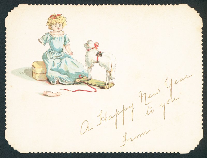 Puppe mit gebrochenem Arm, Neujahrskarte von English School