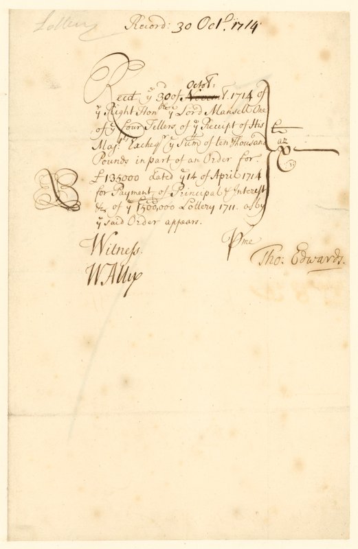 Quittung für die Lotterie von 1711 von English School