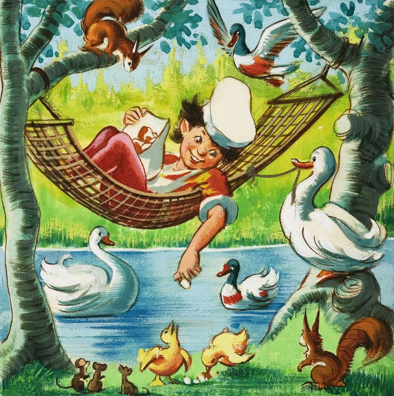 Enten aus einer Hängematte füttern von English School