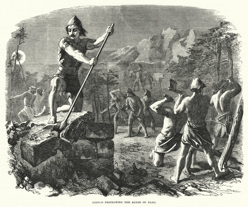 Gideon zerstört den Altar des Baal (Gravur) von English School