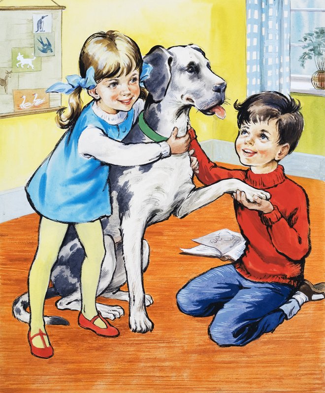 Mädchen und Junge mit Hund von English School