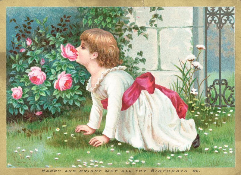 Mädchen riecht an Blumen, Geburtstagskarte von English School