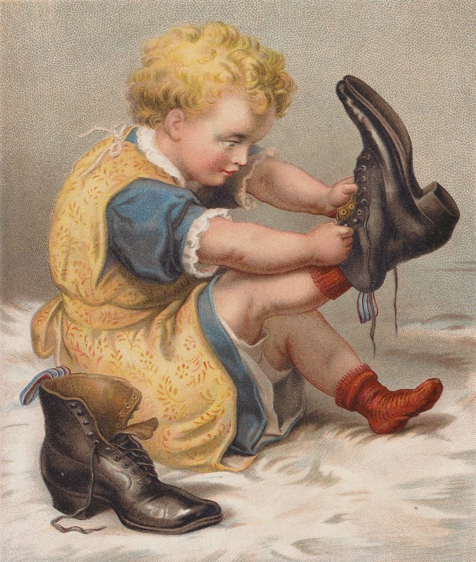 Mädchen probiert die Stiefel ihrer Mutter an von English School