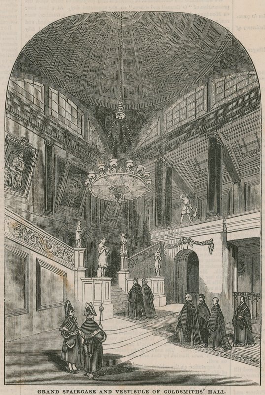 Große Treppe und Vorhalle der Goldsmiths Hall von English School