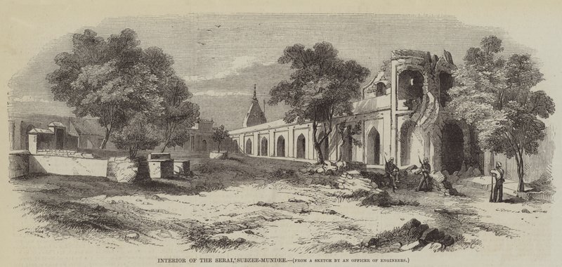 Inneres des Serai, Subzee-Mundee (Stich) von English School