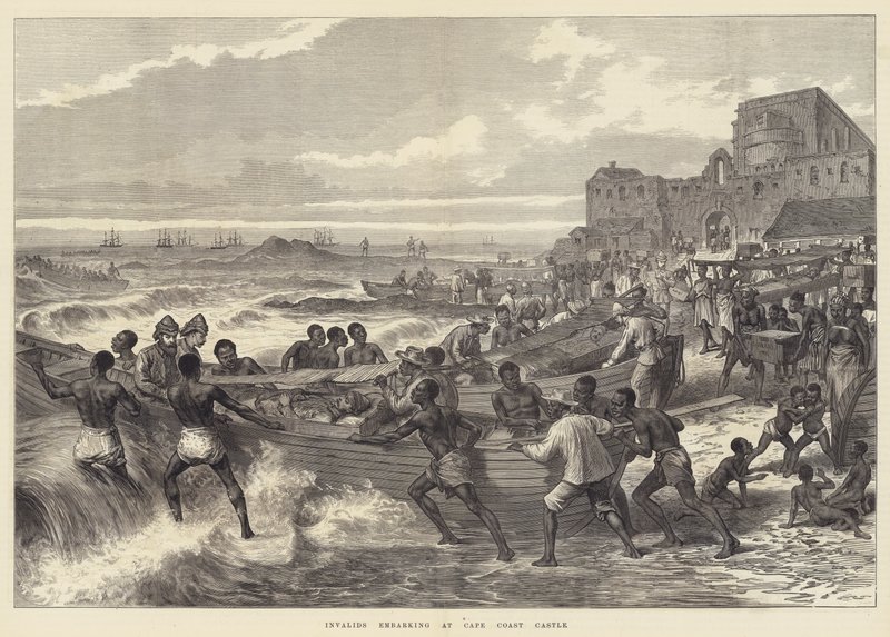 Invaliden gehen an Bord in Cape Coast Castle (Stich) von English School