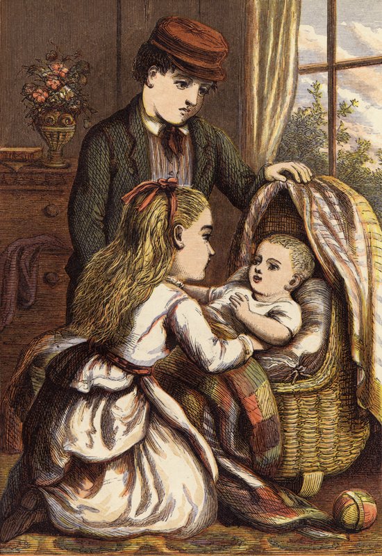Auf das Baby aufpassen (kolorierte Gravur) von English School