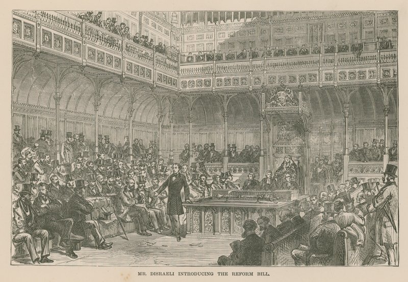 Mr. Disraeli stellt das Reformgesetz vor von English School