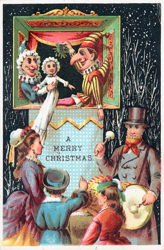 Mr. Punch hält Mistelzweig, Weihnachtskarte von English School