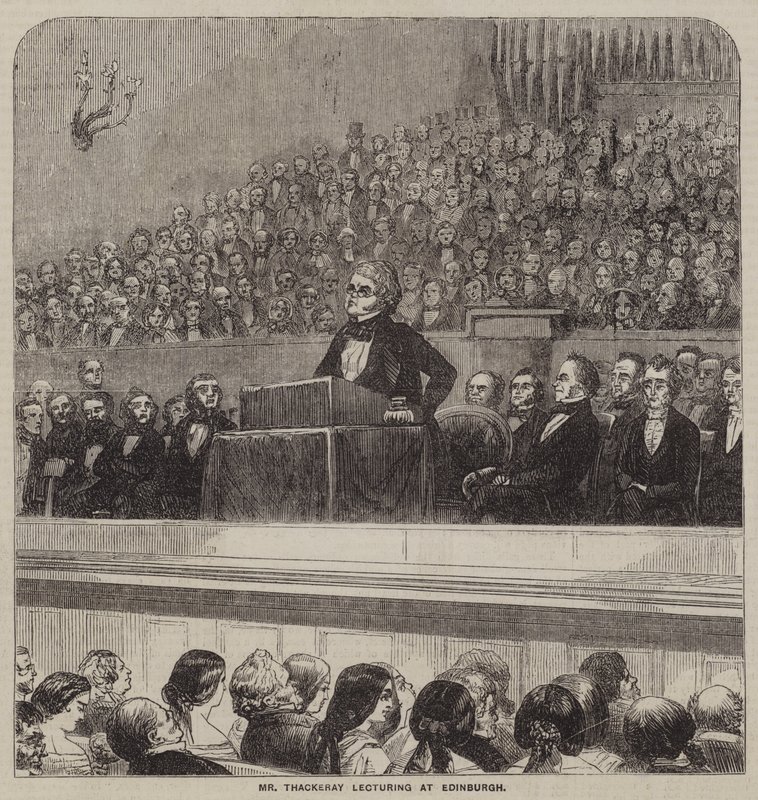 Mr. Thackeray hält einen Vortrag in Edinburgh (Gravur) von English School