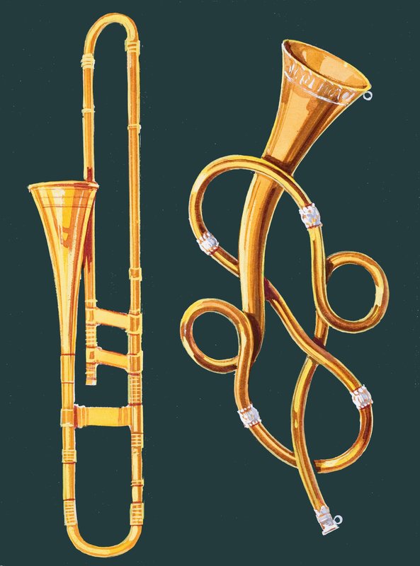 Musikinstrumente: Posaune und Labyrinthtrompete von English School