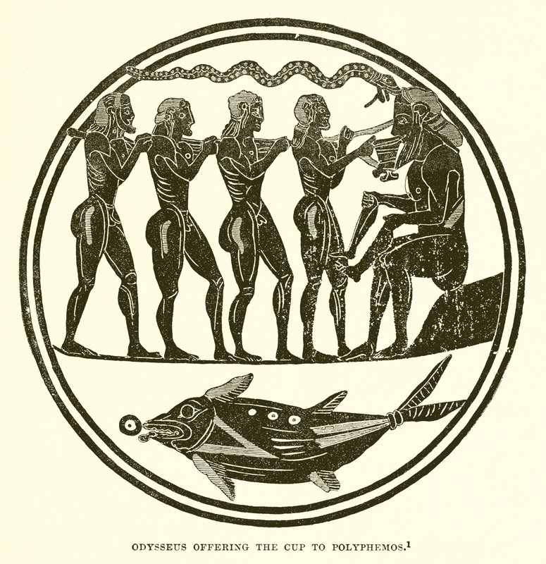 Odysseus bietet Polyphemos den Becher an von English School