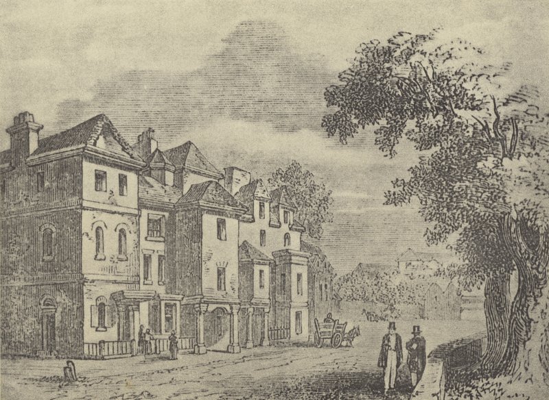 Alte Häuser gegenüber dem College (Gravur) von English School
