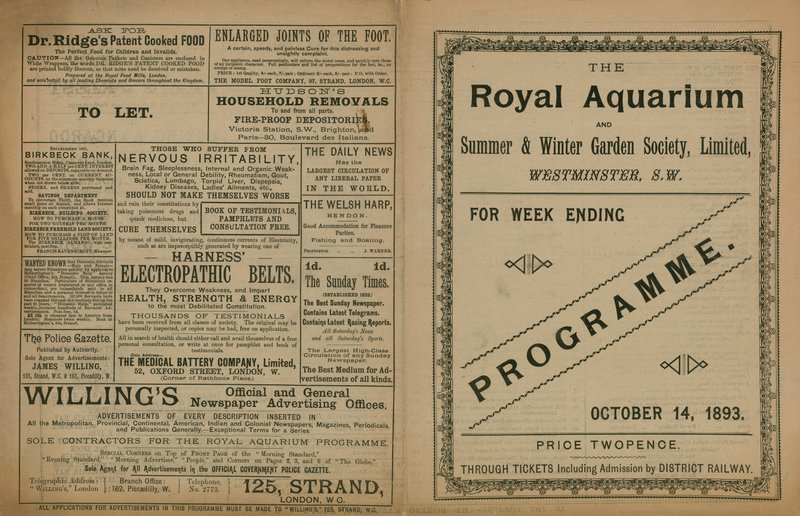 Programm der Veranstaltungen im Royal Aquarium von English School
