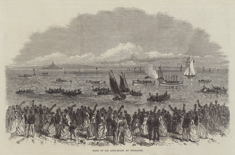 Rennen von sechs Rettungsbooten in Penzance (Gravur) von English School