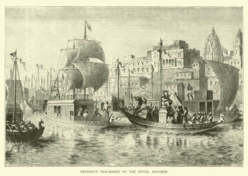 Religiöse Prozession auf dem Fluss, Benares von English School