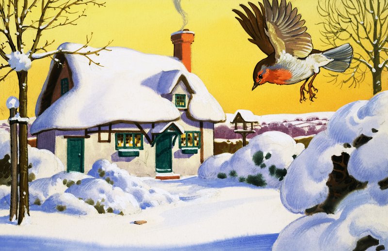 Rotkehlchen fliegt im Schnee von English School